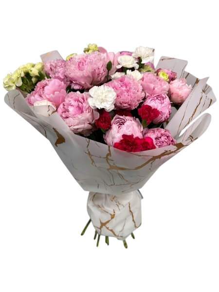 “Bouquet of peonies and spray carnations
